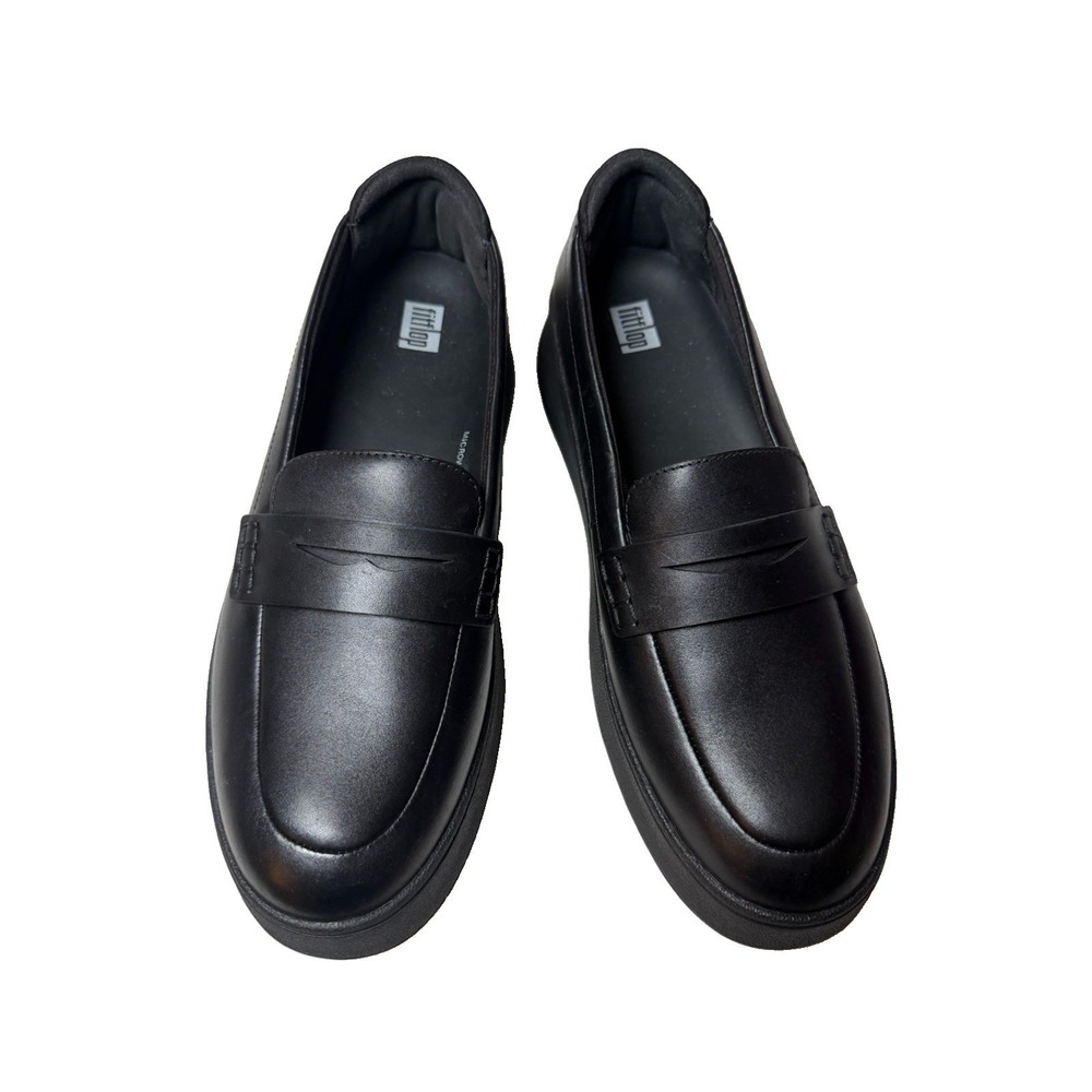 FitFlop F-Mode Leather Chunky Platform Penny Loafers Black Size 8.5